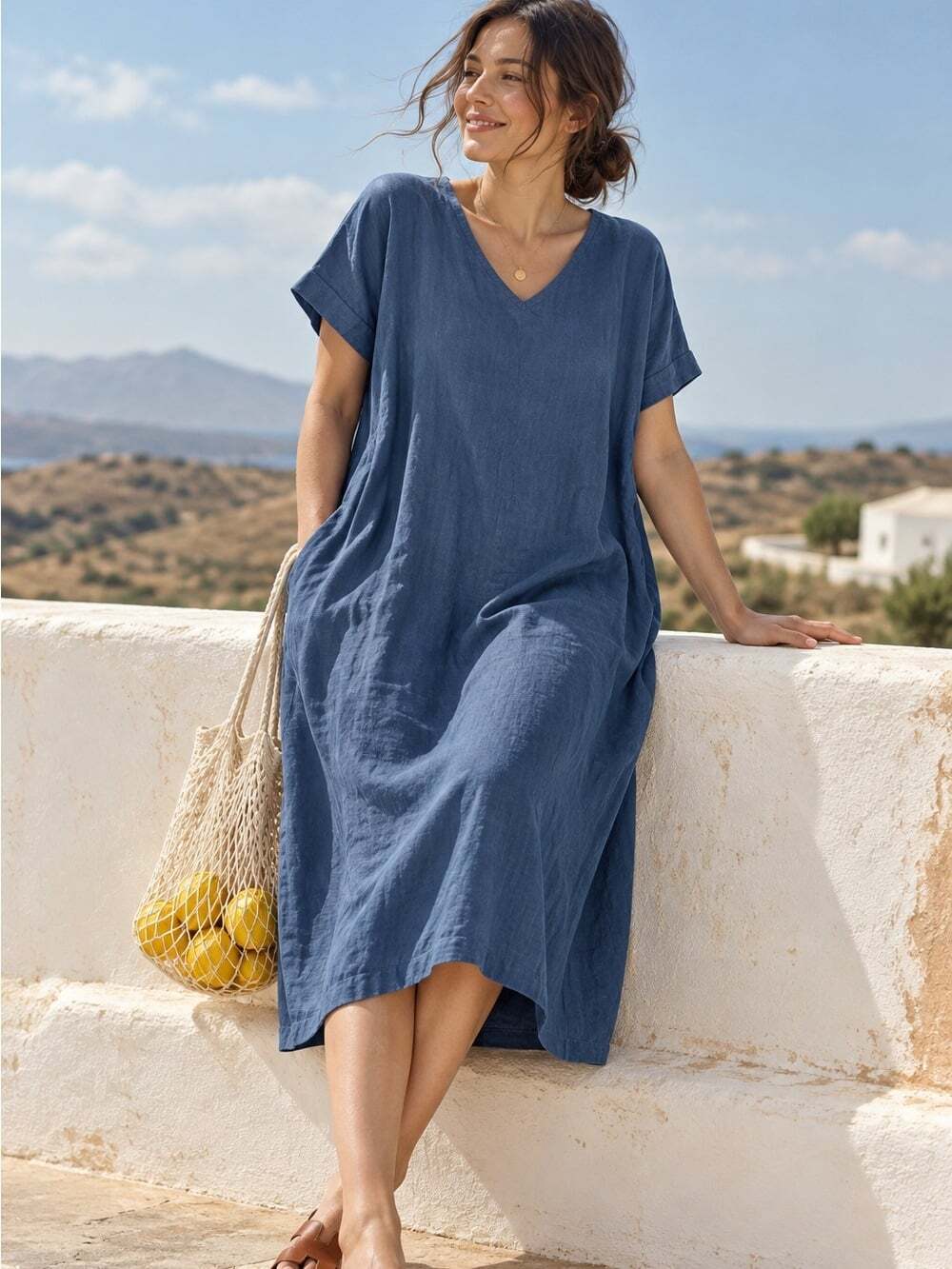 Not Perfect Linen Midi Dress Blue One Size Lagenlook Coastal Boho Oversized Fit
